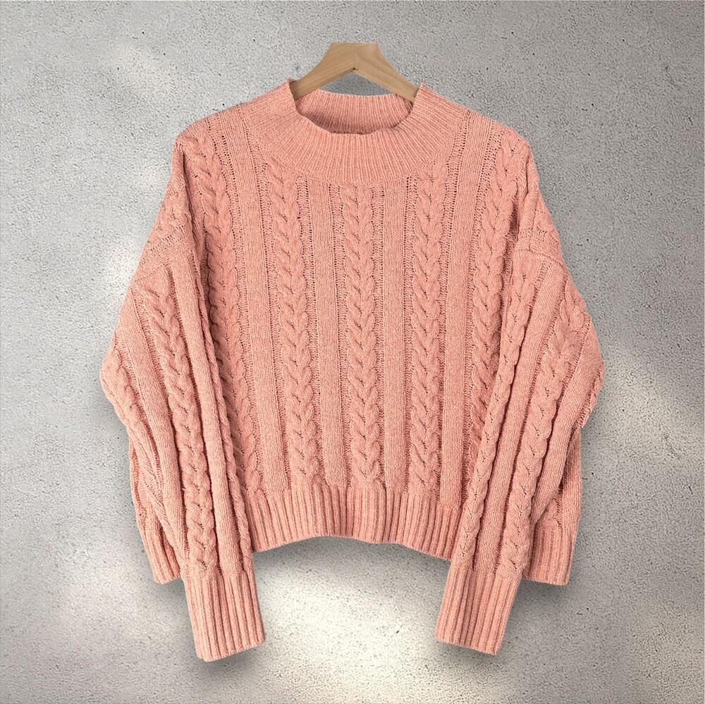 Hippie Rose Cable Knit Sweater Womens L Pink Mock Neck Cropped Cozy Fall Academy